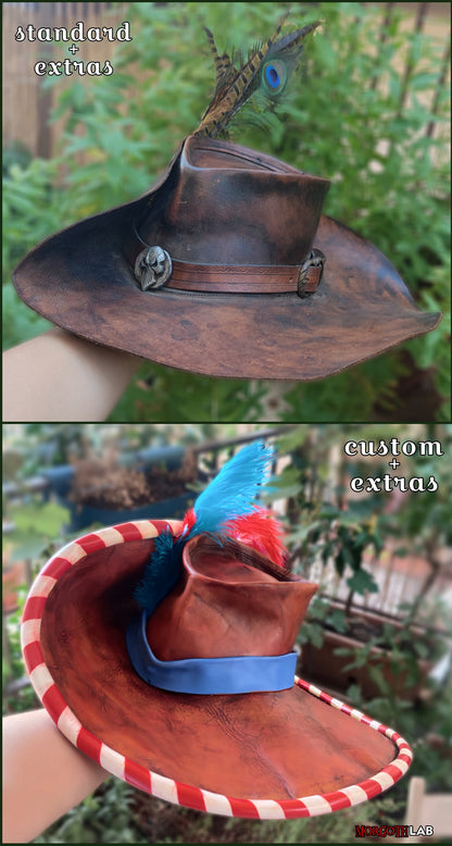 Two weathered leather hats with added potion holders, designed for fantasy roleplay