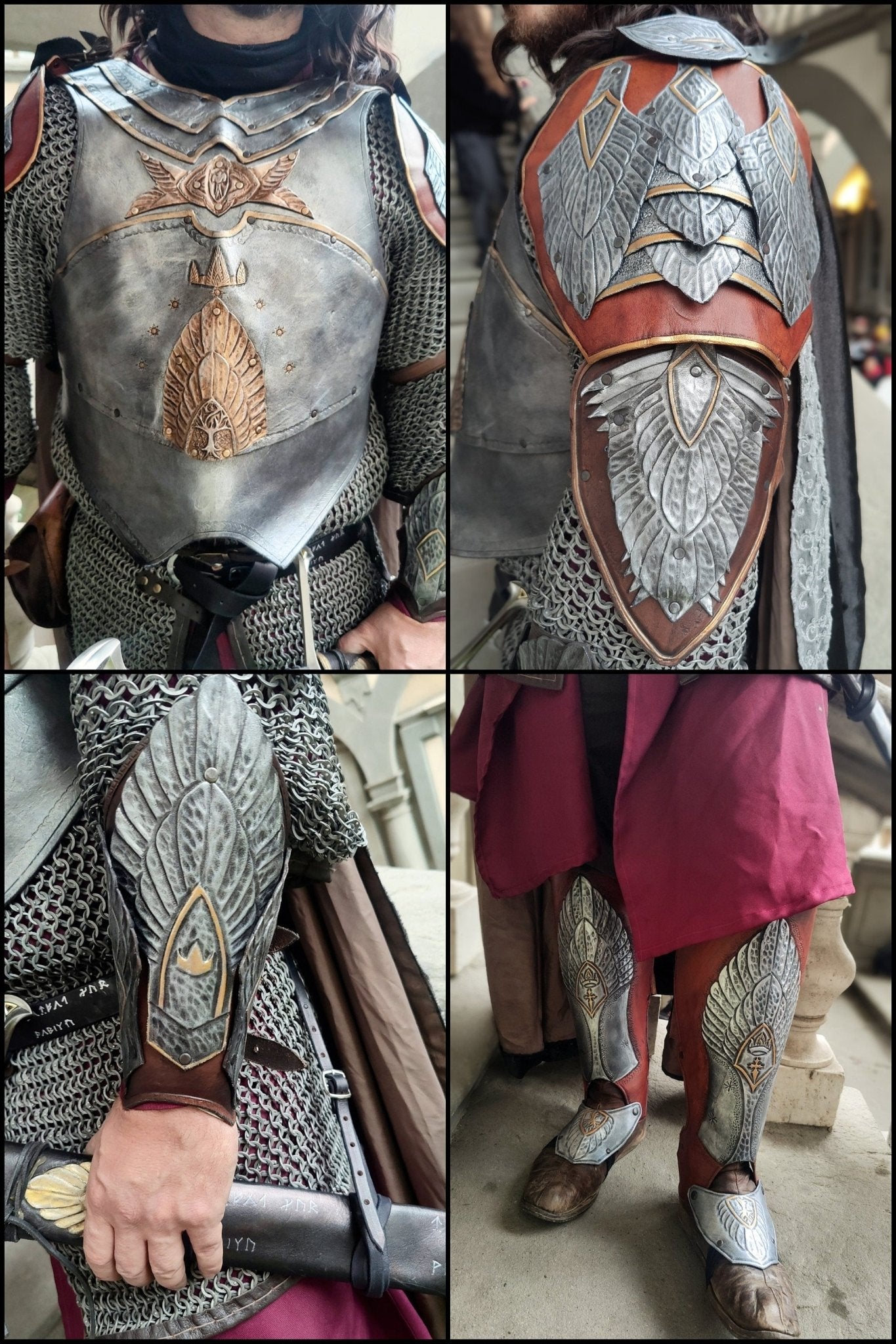 Close-up of handmade leather armor inspired by Aragorn, highlighting intricate stitching and authentic aged leather finish, full coronation armor - LOTR Return of the King