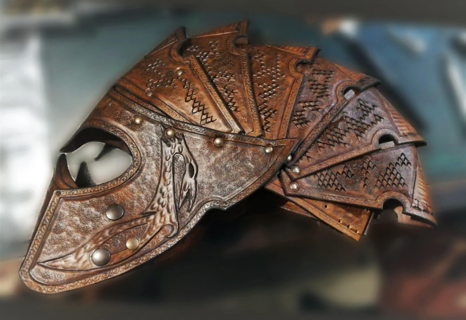 Battle-ready handmade leather helmet designed for immersive LARP battles and historical events, offering style and protection.