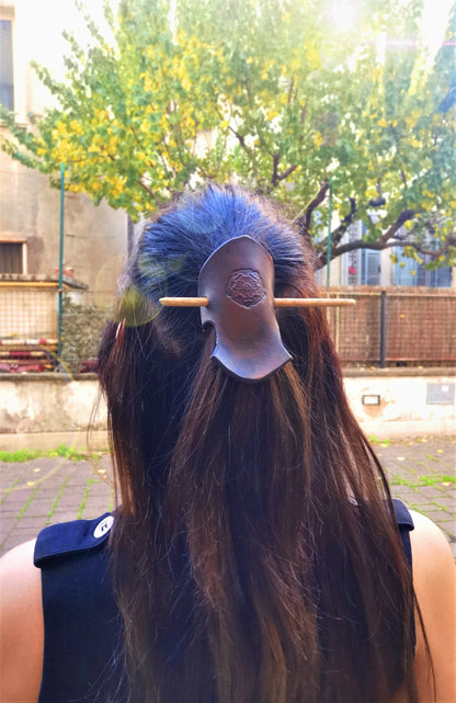 Elegant and cute boho Viking-style leather hairpin with customizable engravings, handcrafted in Italy