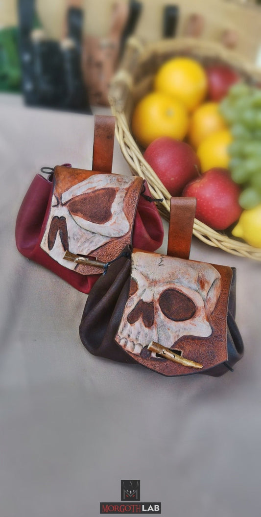 Coin purse leather purse with skull decoration skeleton design for larp fashion pirate clutch bag - MorgothLab