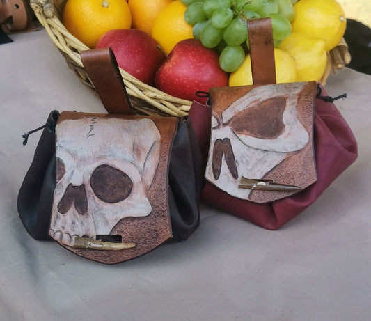 Coin purse leather purse with skull decoration skeleton design for larp fashion pirate clutch bag - MorgothLab