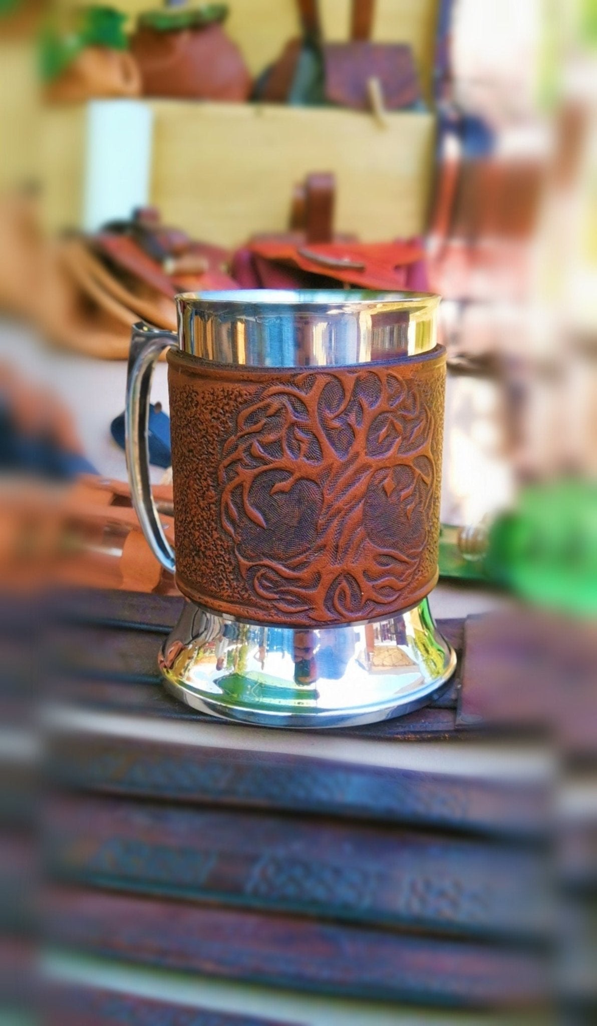 CUSTOM BEER MUG with leather band - yggdrasill engraved