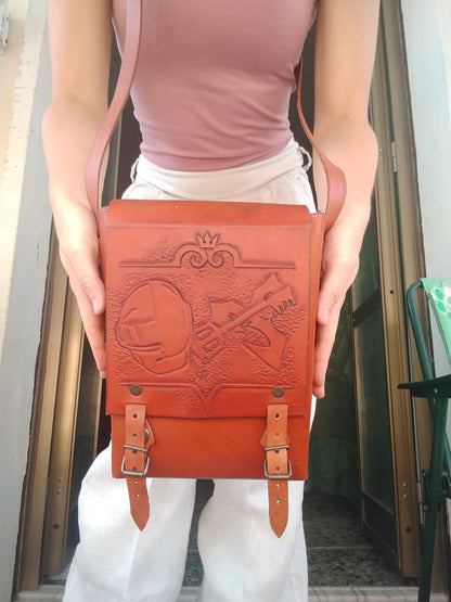 Crossbody leather bag with an elf-inspired engraved design, made from durable, sustainable leather, perfect for fantasy lovers.