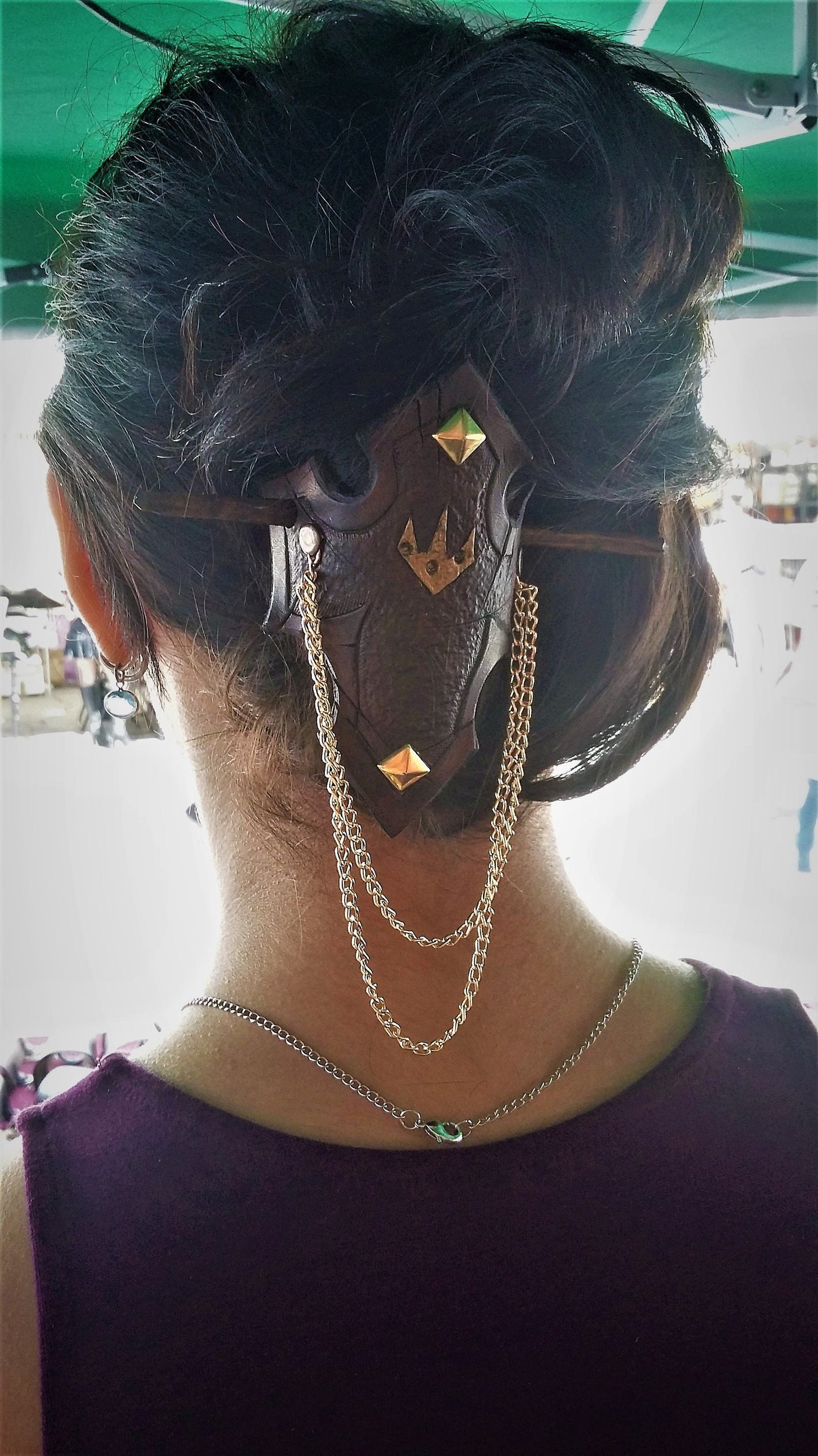 Custom handmade leather hair clasp with a wooden stick, ideal for fantasy and medieval-inspired looks