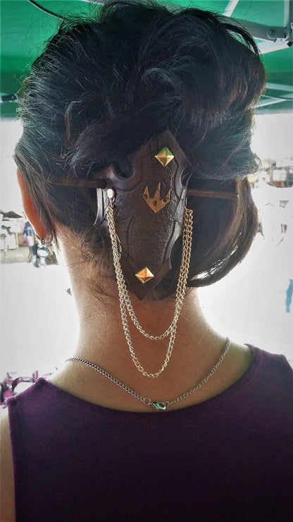 Custom handmade leather hair clasp with a wooden stick, ideal for fantasy and medieval-inspired looks