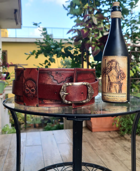 Custom leather pirate belt – perfect for pirate costumes, Renaissance fairs, and cosplay, engraved with maps and jolly roger skulls