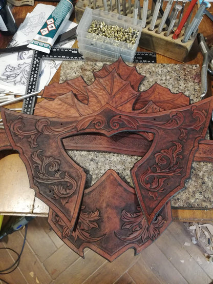  LARP-ready custom leather helmet with a detachable mask, showcasing intricate craftsmanship and high-quality Italian leather materials.