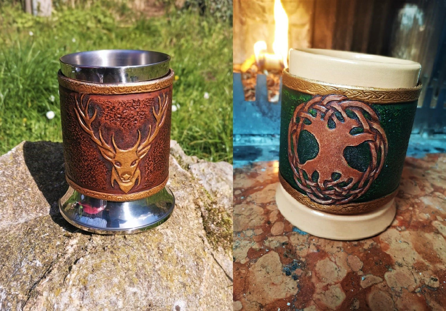 Custom engraved leather beer mug wrap – handcrafted Italian leather, perfect for unique gifts and Viking-style drinking.