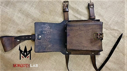 Custom engraved leather leg pouch, unisex design, available in black, brown, and personalized colors.