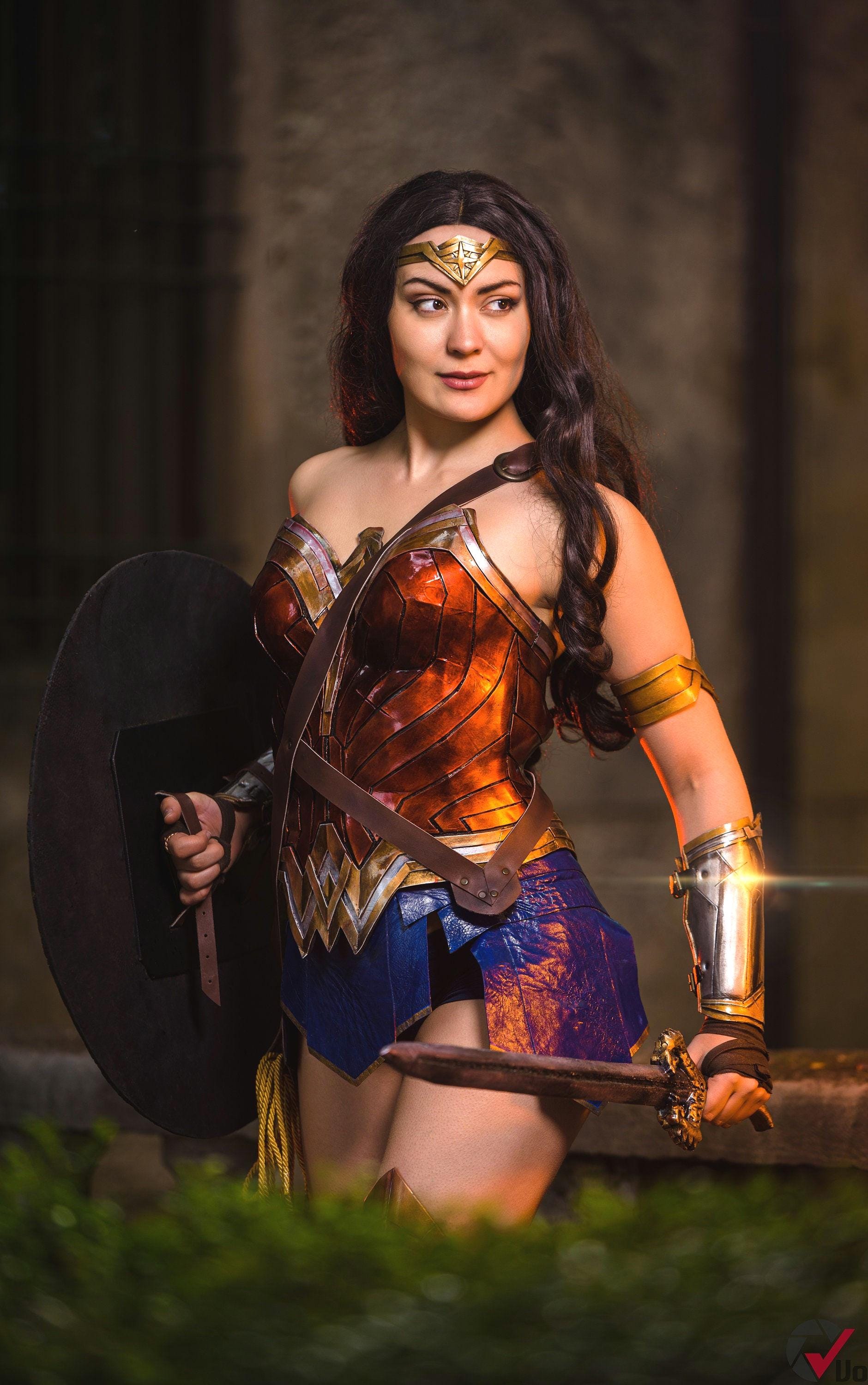 Custom Wonder Woman cosplay set, handcrafted in leather or foam for durability and comfort, tailored for a perfect fit.