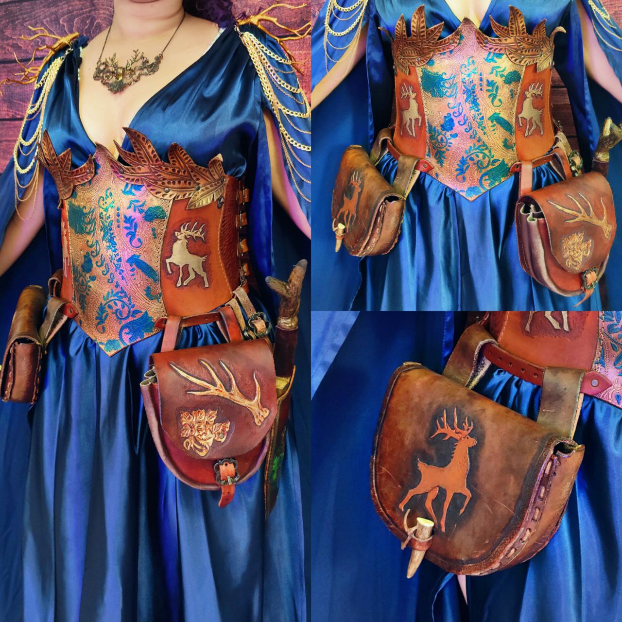 Custom engraved fantasy leather corset with adjustable fit, inspired by elves, druids, and medieval warriors. With sheath and bags!