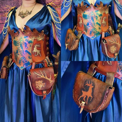 Custom engraved fantasy leather corset with adjustable fit, inspired by elves, druids, and medieval warriors. With sheath and bags!
