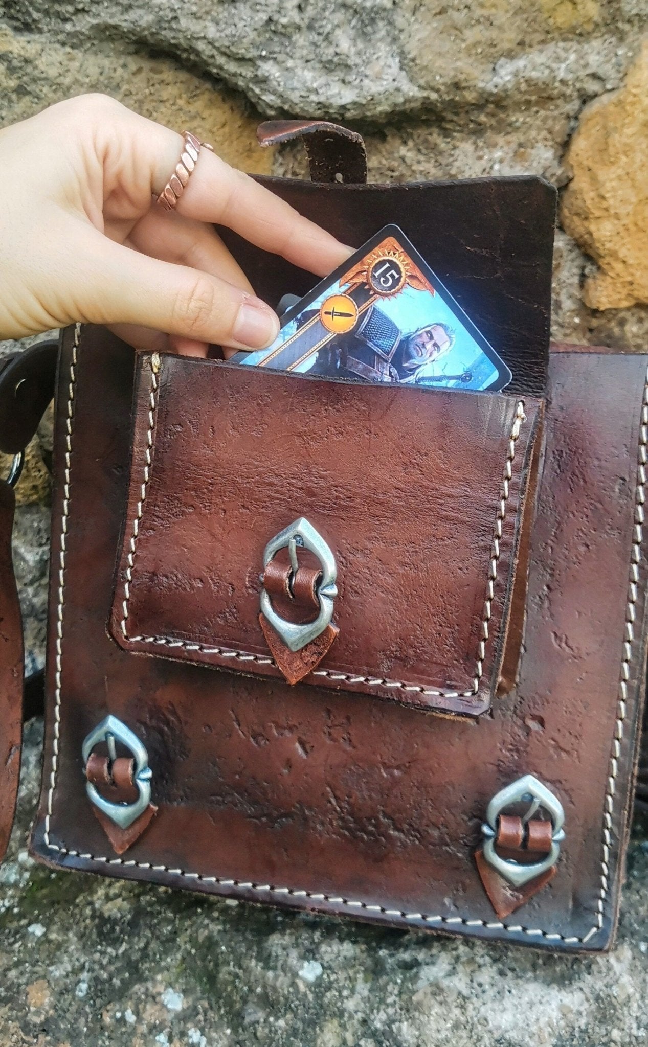 High-quality handmade leather bag with an adjustable strap and inner pocket, designed for both daily use and fantasy-themed events