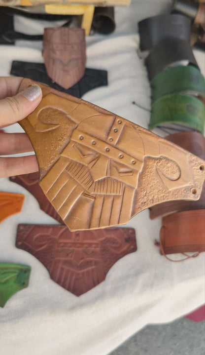 Hand-engraved Viking leather bracelet featuring Norse style and Nordic motifs, perfect for LARP, cosplay, and renfaires.