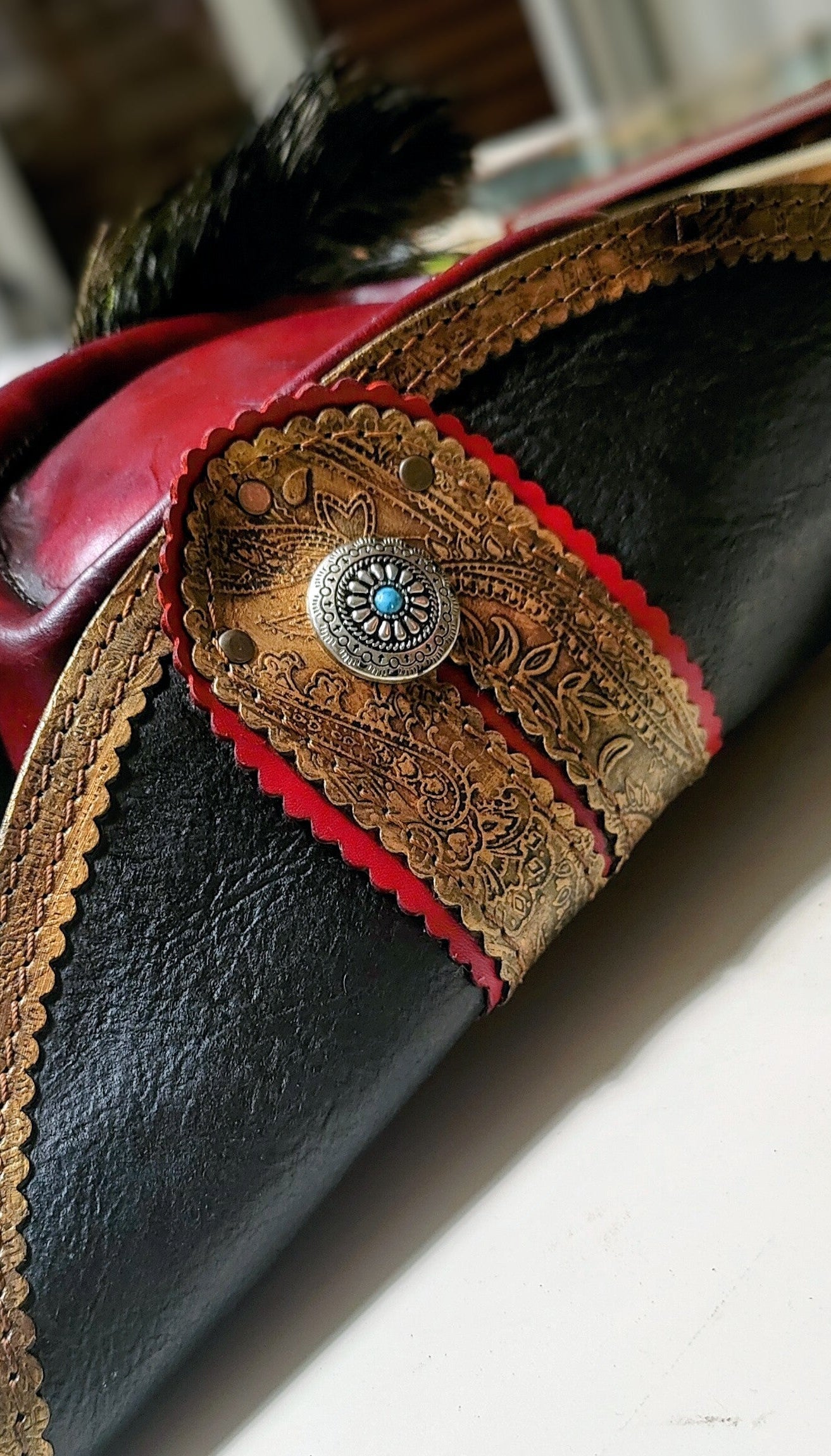 Close up of the Handmade Decorations on morgothlab's Leather tricorn