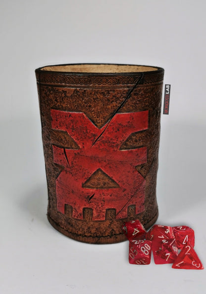Warhammer Fantasy Khorne themed leather dice shaker with hand-engraved details, a must-have for role-playing game enthusiasts
