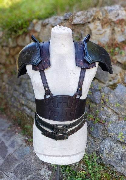 Full Zack Fair cosplay armor set with belt, suspenders, straps, and pauldrons.