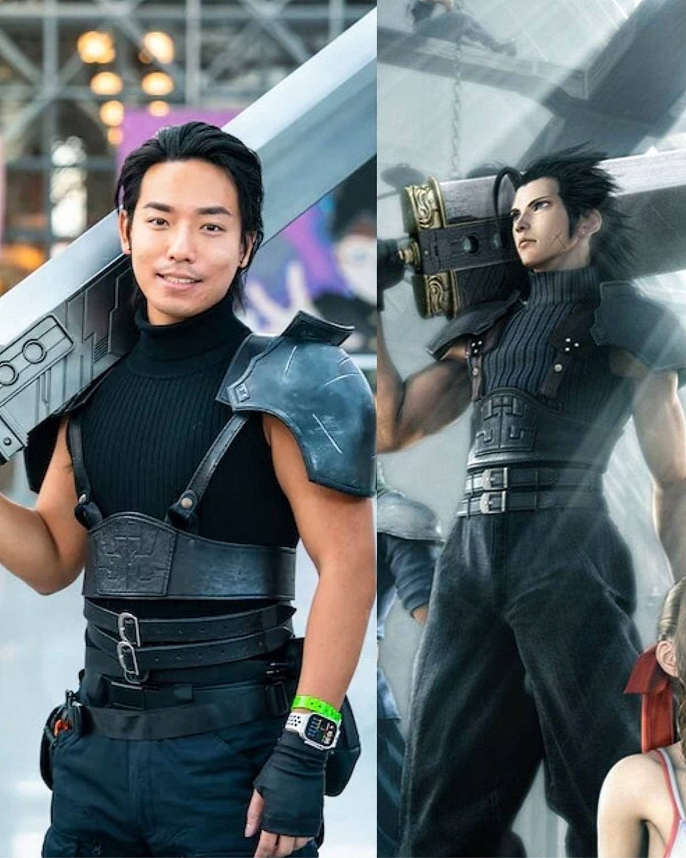 High-quality handmade leather armor inspired by Zack Fair from FF7, cosplayer