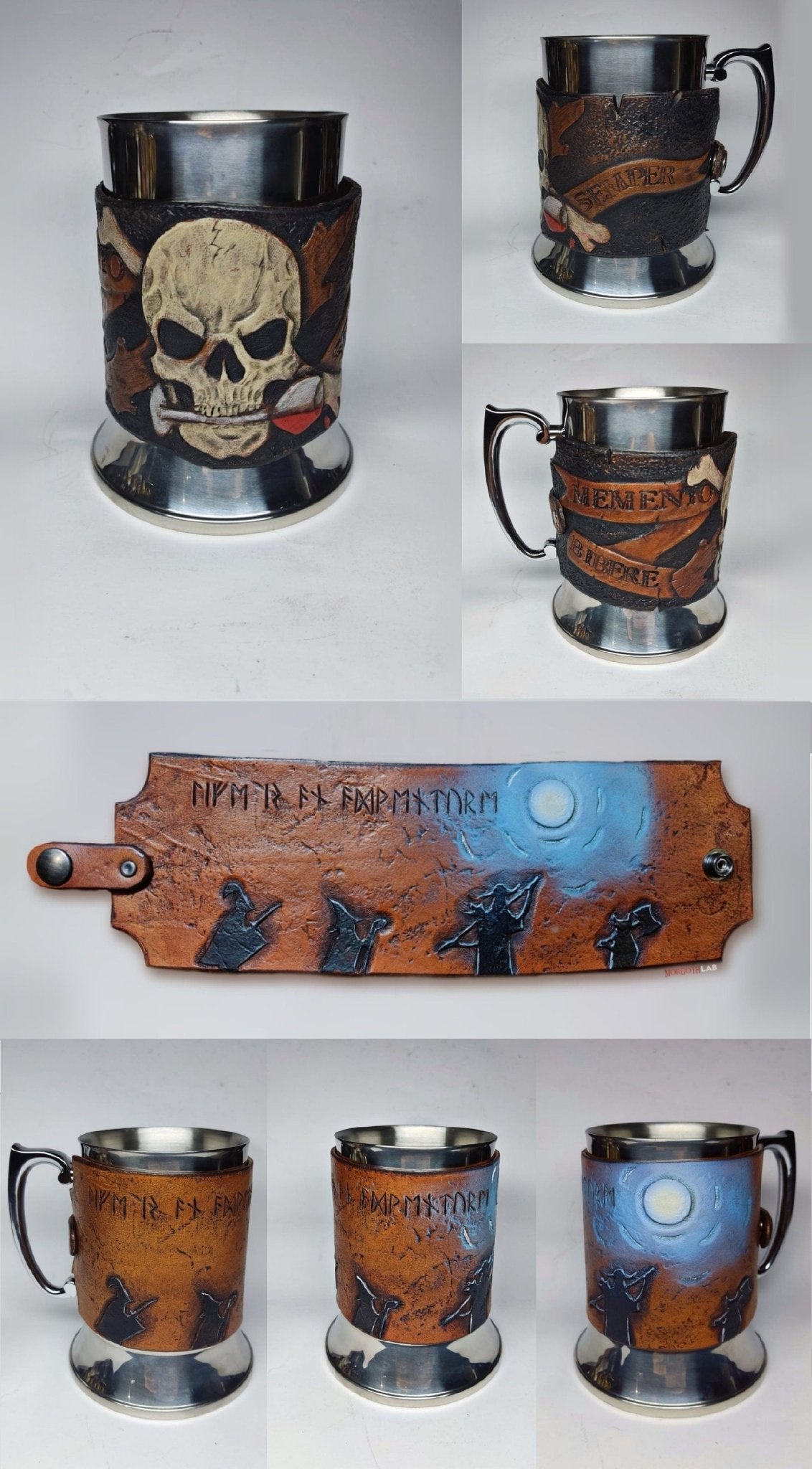 Geek-themed engraved leather beer mug wrap – customizable with fantasy, RPG, and pop culture symbols