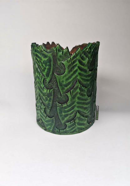 Artisan-crafted leather dice shaker, hand-molded and engraved by expert Italian artisans for RPG enthusiasts, green