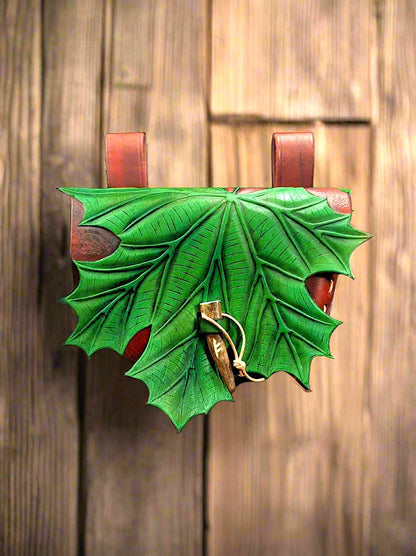 Bag with autumn green maple leaf  beltbag by morgothlab, perfect for larp and renfaires for nature boho lovers