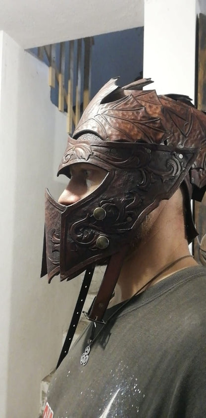 Warrior-style handcrafted leather mask and helmet combination, perfect for fantasy costumes, cosplay, and theatrical performances