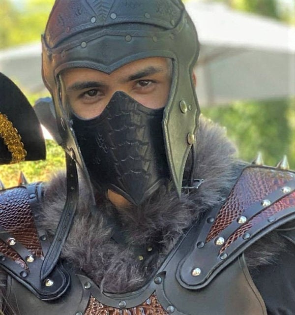 A handcrafted medieval leather helmet, ideal for historical armor sets and roleplay enthusiasts