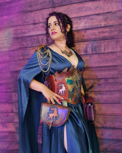 Italian-made leather corset with gold leaf engravings, fully customizable in size, color, and detailing. 