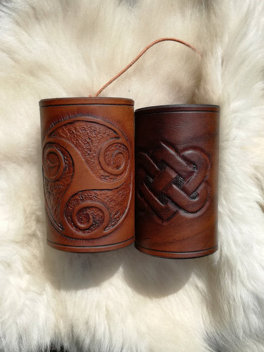 Handmade leather bracelet with intricate Celtic engravings, perfect for Viking, medieval, and fantasy lovers.