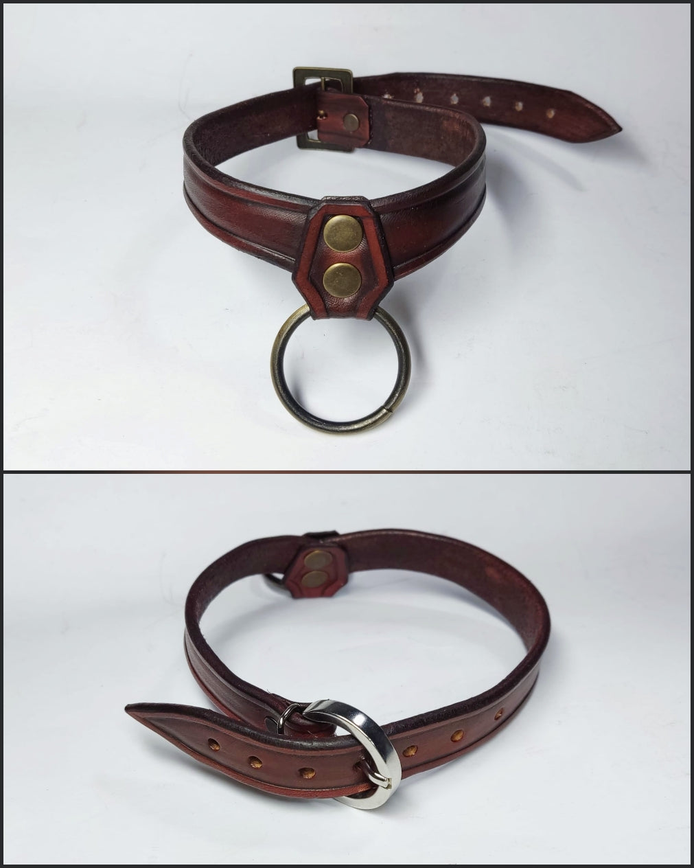 Handmade leather collar, crafted by an Italian artisan with customizable design and colors.
