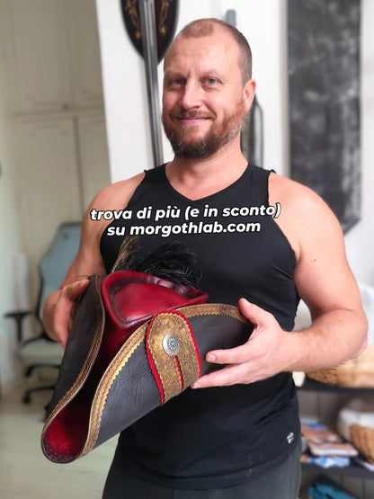 Me holding the red and black leather Tricorn, right after crafting