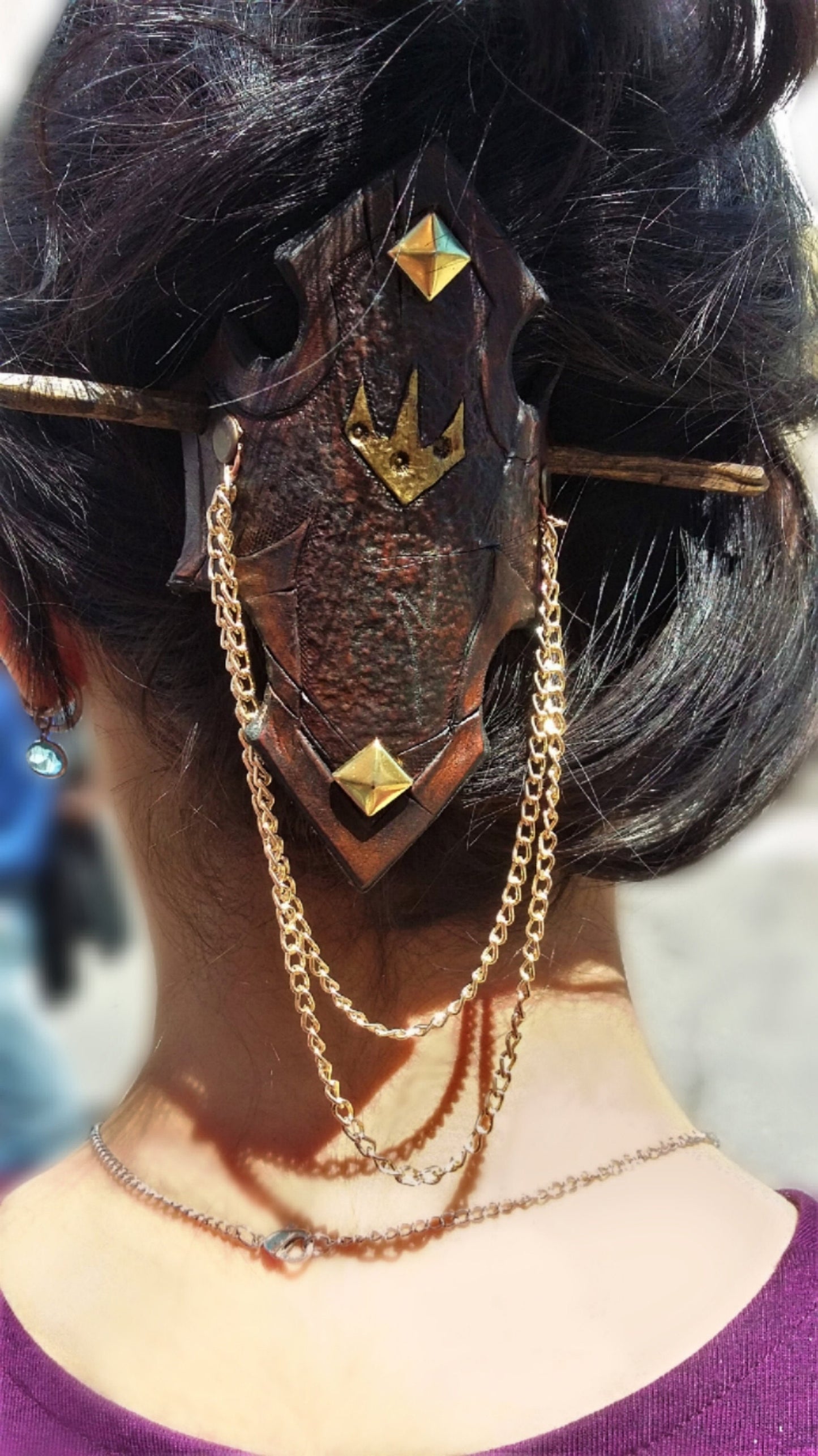Beautiful handcrafted leather hair clip with Viking and Celtic engravings, perfect for LARP and boho styling accessory