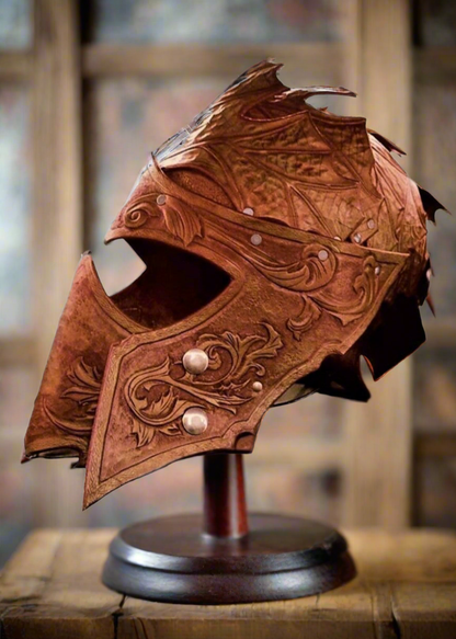 Handmade leather helmet for LARP and cosplay, crafted from premium Italian leather. Custom designs available. Floral leaves engravings