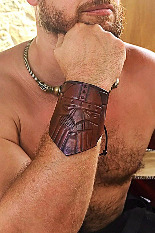 Handmade Viking leather bracelet crafted from premium vegetable-tanned leather, fully customizable in color and design for an authentic Norse look.