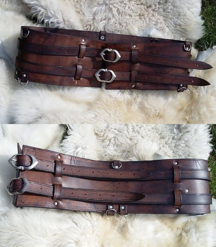 Stand out with this unique handmade leather belt featuring double buckles and a Celtic-inspired design. Ideal for multiple occasions