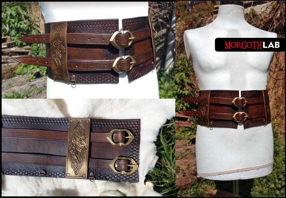 High Waist Leather BELT with Celtic Engravings - Double Buckle Larp Armor