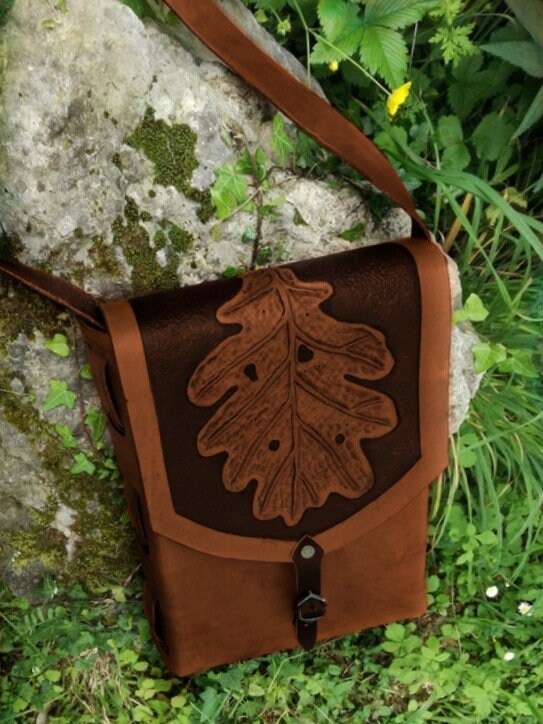 Leather rectangular TOTE BAG purse with leaf Elf CUSTOM high quality handbag nature custom Hippie shoulder larp cosplay square shoulderbag