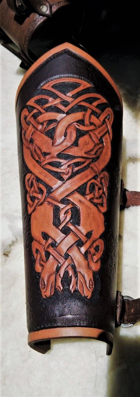 Leather engraved bracelet celtic knot decoration animal / armor fighter warrior bracer vikings fantasy / cosplay larp armour custom