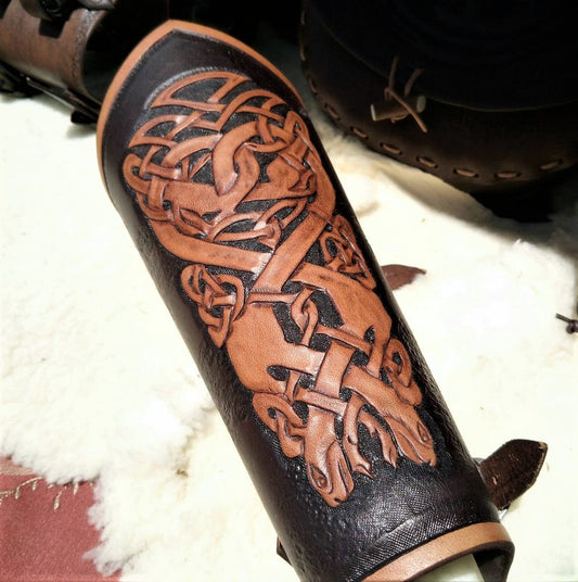 Leather engraved bracelet celtic knot decoration animal / armor fighter warrior bracer vikings fantasy / cosplay larp armour custom