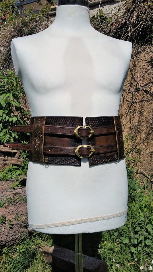 PIRATE Belt with double buckle and celtic decorations warrior waistband Larp Cosplay theater in pure leather high waist armor belly-band