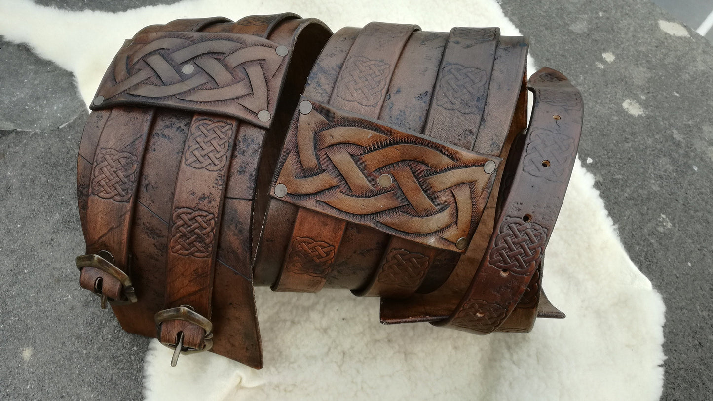 High Waist Leather BELT with Celtic Engravings - Double Buckle Larp Armor