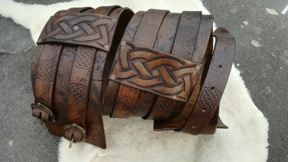 High Waist Leather BELT with Celtic Engravings - Double Buckle Larp Armor