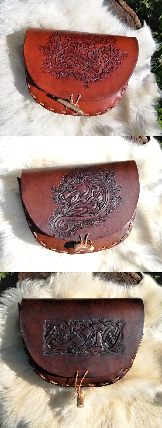 Leather celtic bag CUSTOM handmade belt / shoulderbag viking knotwork knot ornament medieval Fantasy cosplay Larp