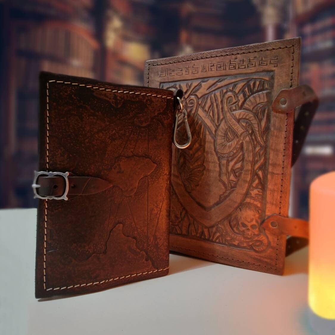 Hand-engraved leather book cover, customizable size - vintage accessory for larp and collecting