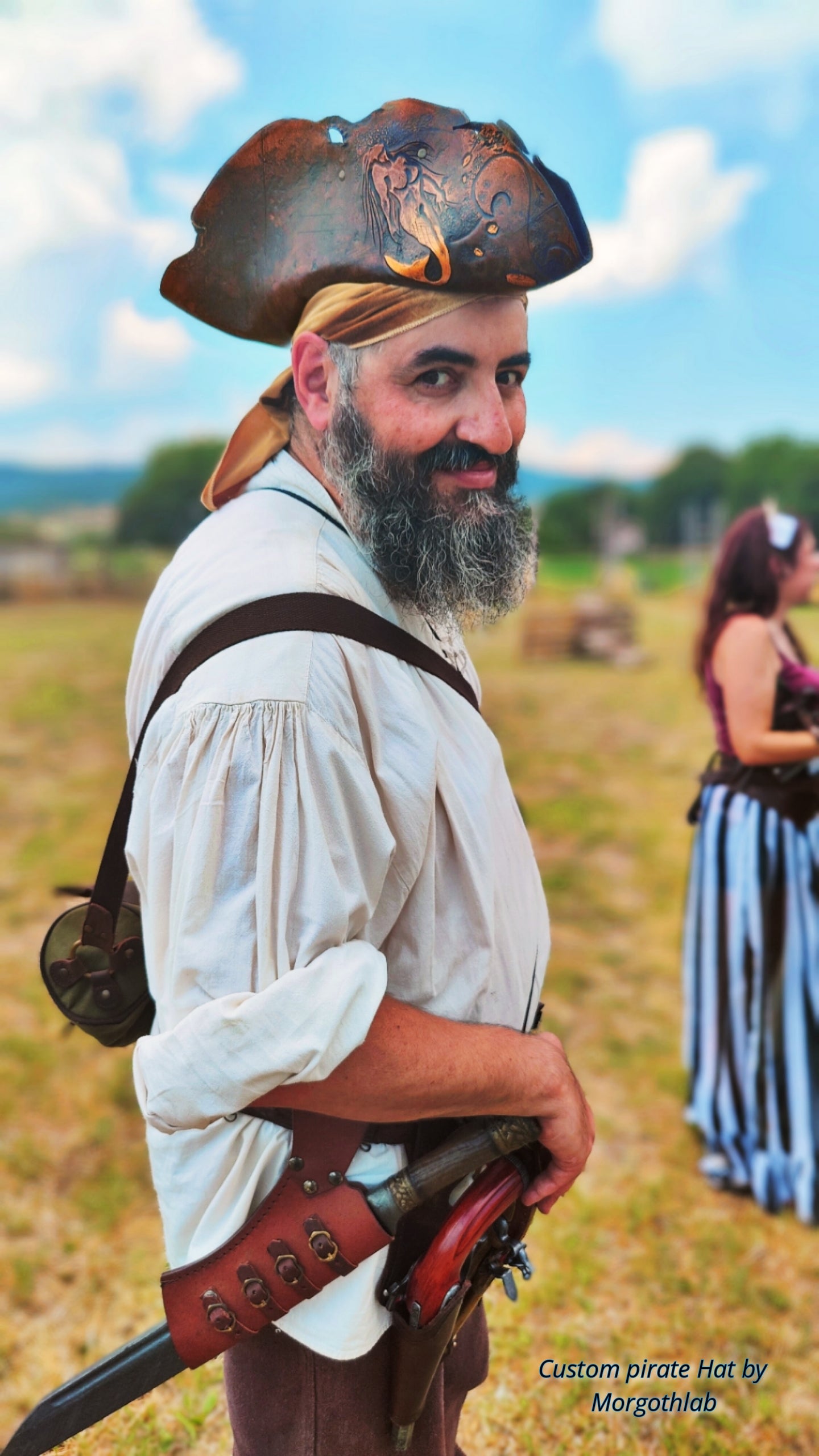 Larp Pirate character, full costume wearing custom handmade leather hat