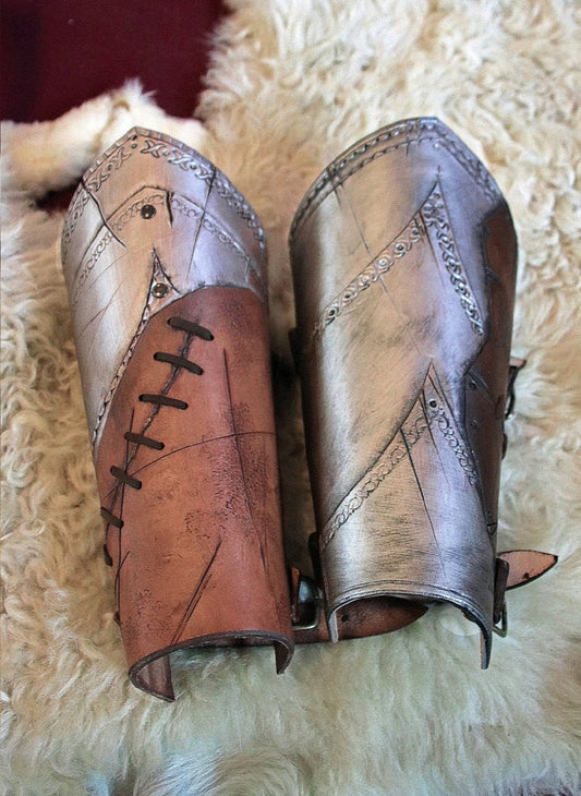 Pair of leather BRACERS armor metal effect