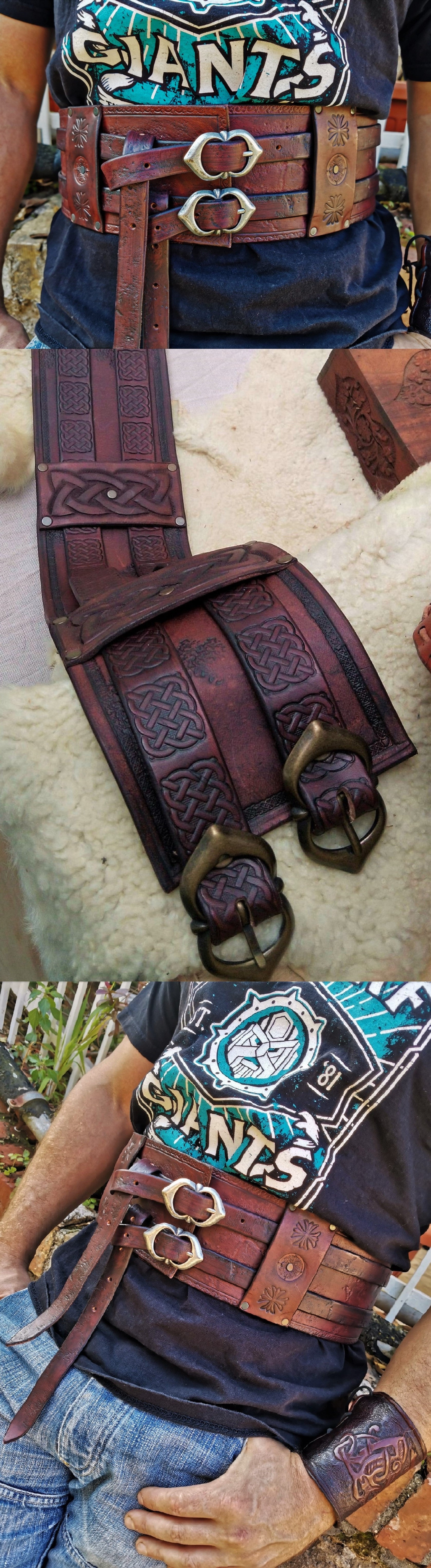 Add a Celtic flair to your style with this handmade double buckle leather belt. Sturdy, stylish, and available in three classic colors and more