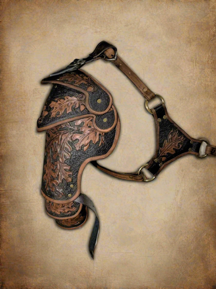 A set of light brown leather spaulders with a detailed oak leaf engraving, representing nature and resilience. Perfect for medieval fantasy characters, these spaulders provide excellent mobility and customization options
