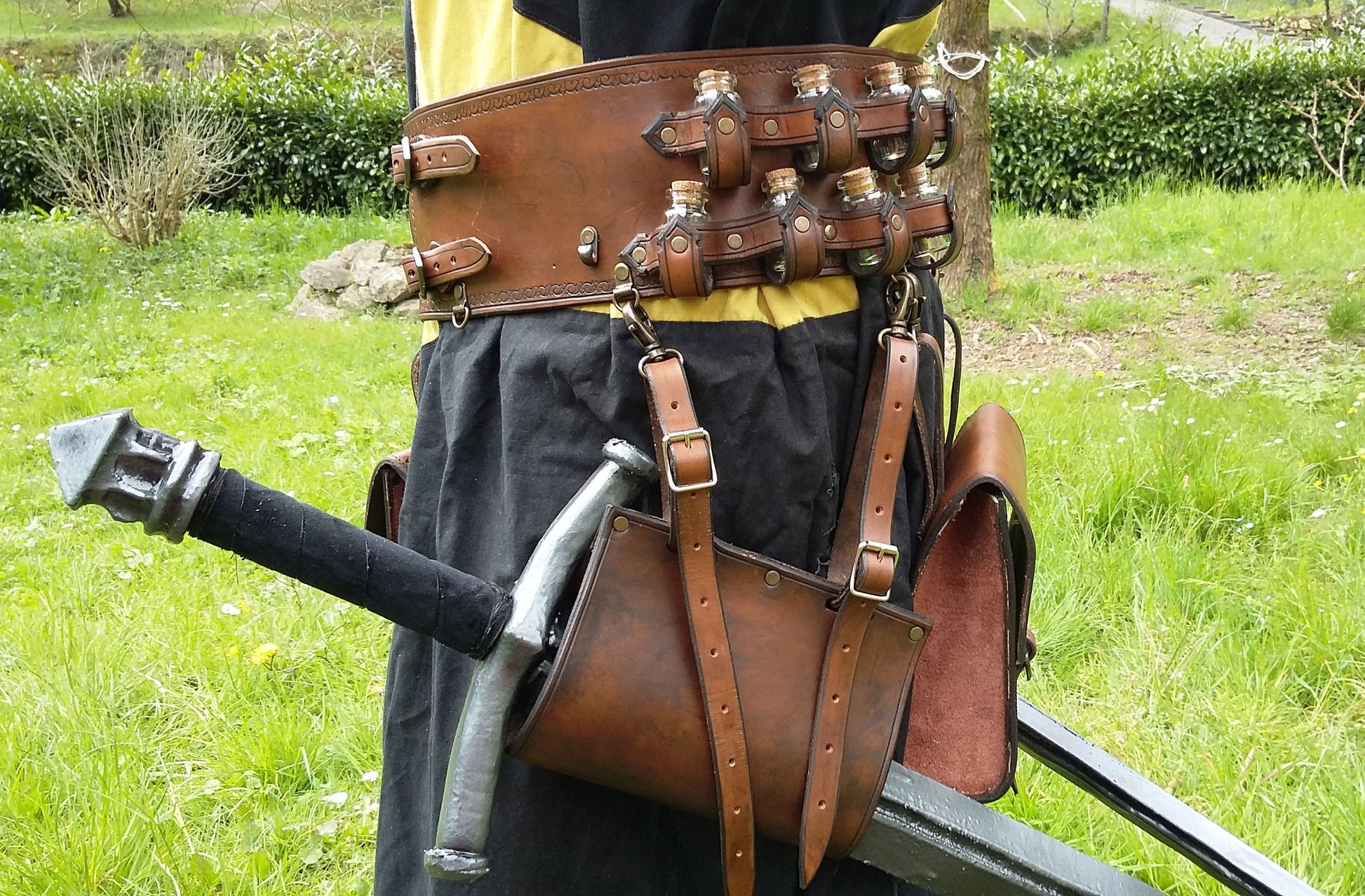Sheath picture of our Custom leather potion carrier belt, perfect for wizards, druids, and medieval alchemists in fantasy settings
